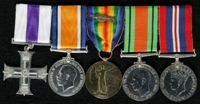 John James MacCurdy Greer : (L to R) Military Cross; British War Medal; Allied Victory Medal with 'Mentioned in Despatches' oak leaves; 1939-45 Defence Medal; 1939-45 War Medal