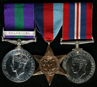 John Warburton : (L to R) General Service Medal 1918-62 with clasp 'Palestine'; 1939-45 Star; 1939-45 War Medal